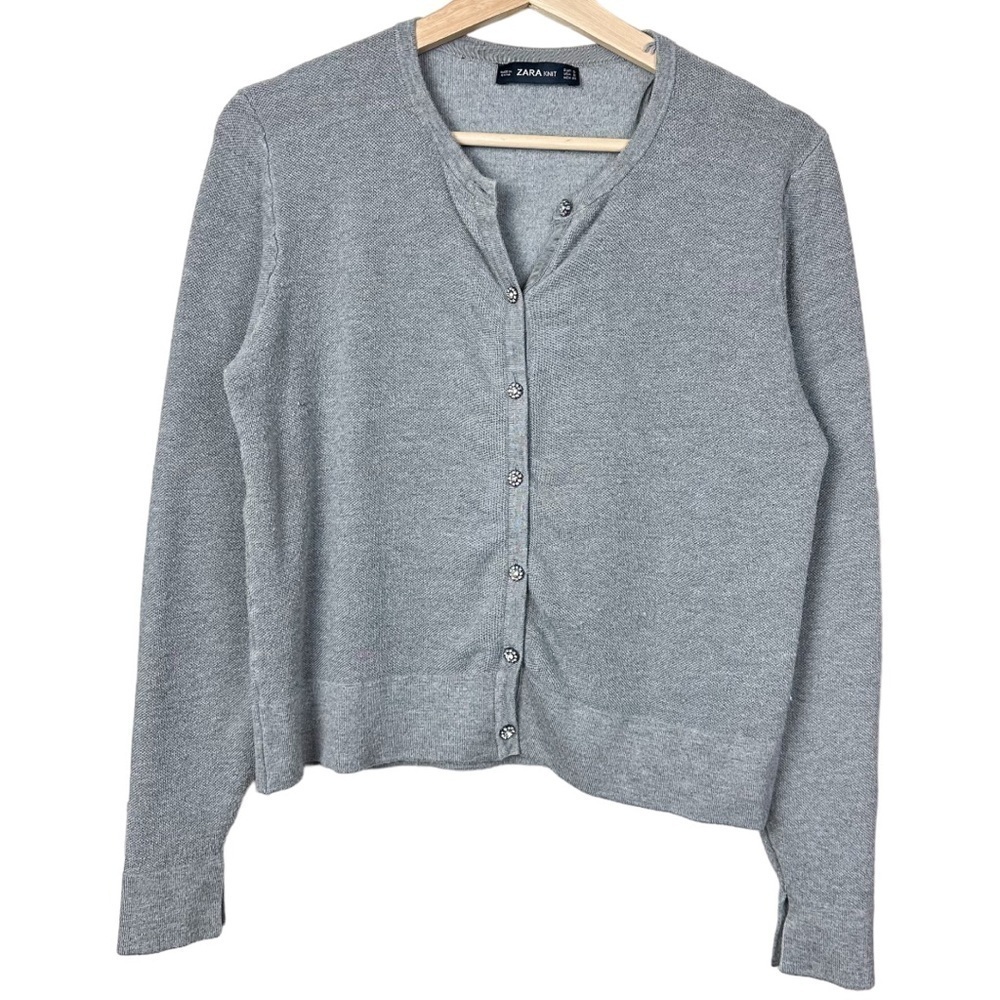 Zara Gray Longsleeves Knit Cardigan Crystals Buttons Women Small